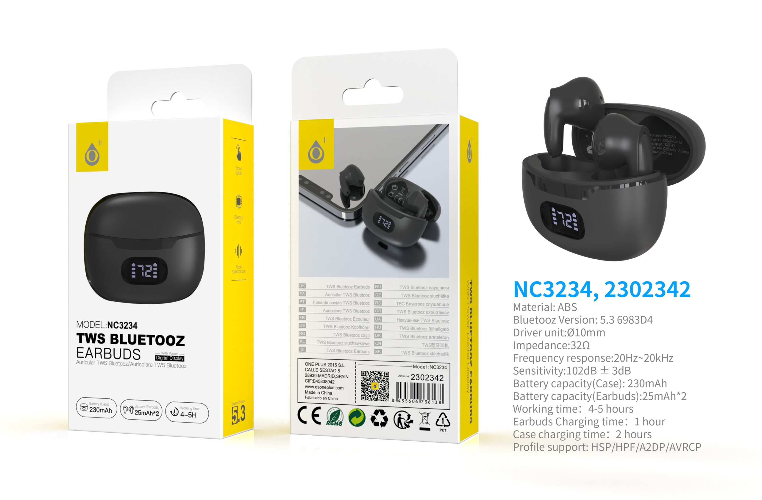 Auriculares Bluetooth Inalambricos estilo Airpods NC3234 NE Auriculares TWS  Bluetooth 5.3 Bateria (25mAh*2) con estuche cargable(230mAh), Negro -  Fundas personalizas para Móvil