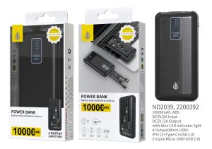 Baterias externas Power Bank ND2044 NE Powerbank 8000mAh 2A salida，Con 3  conexciones de entrada（Micro USB+Type-C+USB 2.0) y 4 de salida (Micro  USB+Iphone+Type-C+USB 2.0), Negro - Fundas personalizas para Móvil