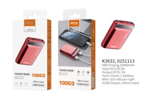 Bateria Externa 10000mAh  Power Bank K3632 RJ PowerBank PocketStation 10000mAh, 2USB with LED Indicador, Rojo