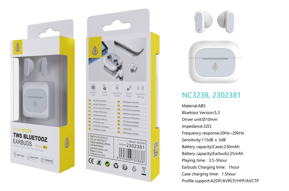 Auriculares Bluetooth Inalámbricos estilo Airpods NC3265 BL Auriculares  Bluetooth TWS Bastian Bateria lition(25mAh*2) con estuche cargable(180mAh),  Soporta Carga Inalambrica, Blanco - Fundas personalizas para Móvil