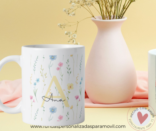 Taza Personalizada con Nombre  Diseño Flores
