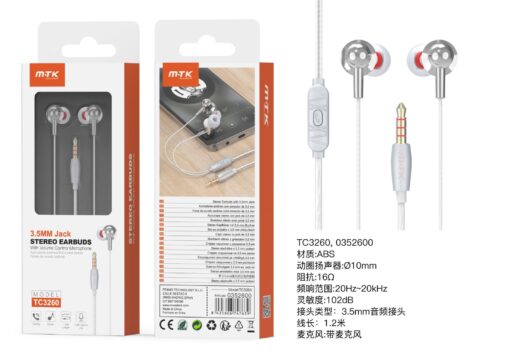 Auriculares con Cable TC3260 BL+GR Auricular Bianca con microfono y boton de llamada, Jax 3.5mm, Cable 1.2m, Blanco+Gris
