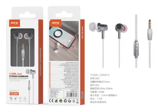 Auriculares con Cable TC3261 BL+GR Auricular Chiara con microfono y boton de llamada, Jax 3.5mm, Cable 1.2m, Blanco+Gris
