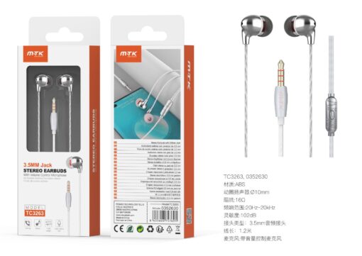 Auriculares con Cable TC3263 BL+GR Auricular Bice con microfono y boton de llamada, Jax 3.5mm, Cable 1.2m, Blanco+Negro
