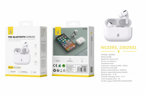 Auriculares Bluetooth Inalambricos estilo Airpods NC3293 BL Auriculares TWS Bluetooth 5.3, Bateria (30mAh*2) Con Estuche Recargable 200mAh, Blanco