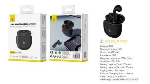 Auriculares Bluetooth Inalambricos estilo Airpods NC3296 NE Auriculares TWS Bluetooth 5.3  Bateria (25mAh*2) con estuche cargable(200mAh), Negro