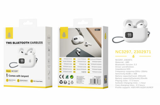 Auriculares Bluetooth Inalambricos estilo Airpods NC3297 BL Auriculares TWS Bluetooth 5.3 con correa y indicador de bateria,  Bateria (35mAh*2) con estuche cargable(250mAh), Blanco