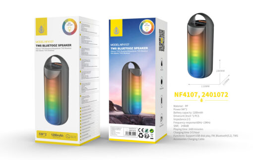 Altavoz Bluetooth NF4107 NE Altavoz TWS con Bluetooth 5.2, Luz LED, Soporta USB/FM, 5W*2, Bateria 1200mAh, Negro