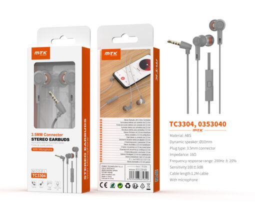 Auriculares con Cable TC3304 GR Auricular Jack 3.5mm Galros con microfono y boton de llamada, Cable 1.2m, Gris