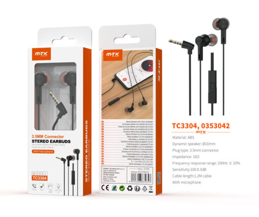 Auriculares con Cable TC3304 NE Auricular Jack 3.5mm Galros con microfono y boton de llamada, Cable 1.2m, Negro