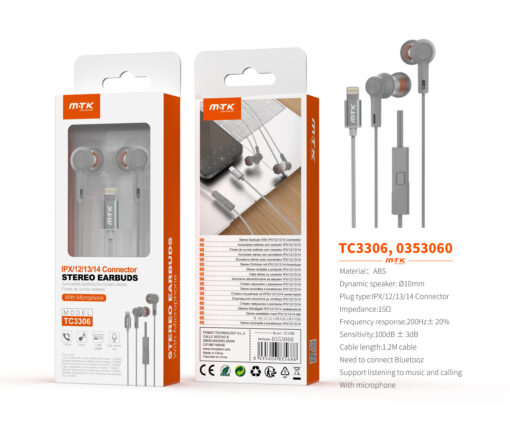 Auriculares Iphone con cable Lightning TC3306 GR Auricular Lightning Galros con microfono y boton de llamada, (Necesario Bluetooth)Cable 1.2m, Gris