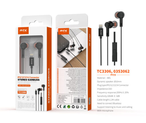 Auriculares Iphone con cable Lightning TC3306 NE Auricular Lightning Galros con microfono y boton de llamada, (Necesario Bluetooth)Cable 1.2m, Negro