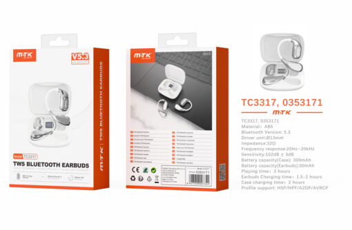 Auriculares Bluetooth Inalambricos estilo Airpods TC3317 BL+PT Auriculares TWS Bluetooth 5.3 con indicador de bateria,  Bateria (30mAh*2) con estuche cargable(300mAh), Blanco+plata