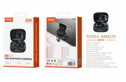 Auriculares Bluetooth Inalambricos estilo Airpods TC3317 NE+AZ Auriculares TWS Bluetooth 5.3 con indicador de bateria,  Bateria (30mAh*2) con estuche cargable(300mAh), Negro+azul