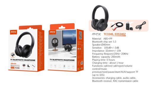 Auricular TV Cascos Bluetooth TC3346 NE Auricular TV Bluetooth 5.3 plegable, Soporte llamadas/Entrada Aux 3.5mm/Tarjeta TF/RAC, Bateria 200mAh, Negro