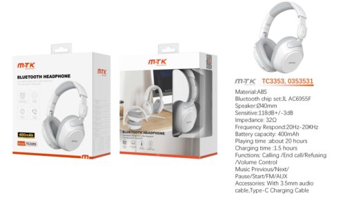 Auriculares Cascos Bluetooth Inalámbricos TC3353 BL Luxury auriculares Bluetooth Rhalis plegable con microfono, Soporta llamada/entrada AUX, Bateria 400mAh, Blanco