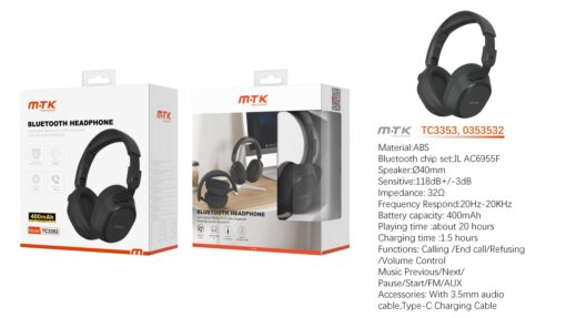 Auriculares Cascos Bluetooth Inalámbricos TC3353 NE Luxury auriculares Bluetooth Rhalis plegable con microfono, Soporta llamada/entrada AUX, Bateria 400mAh, Negro