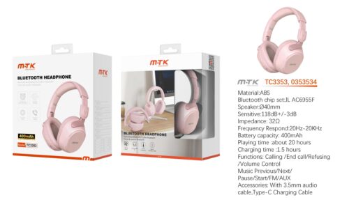 Auriculares Cascos Bluetooth Inalámbricos TC3353 RS Luxury auriculares Bluetooth Rhalis plegable con microfono, Soporta llamada/entrada AUX, Bateria 400mAh, Rosa