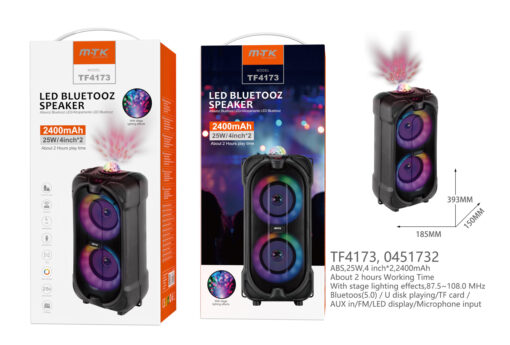 Altavoz Bluetooth TF4173 NE Altavoz  Bluetooth 5.0 Con luz LED, Soporta Entrada de Microfono/USB/TF/FM, Frecuencia FM87.5-108MHz, Bateria 2400mAh 25W, Negro