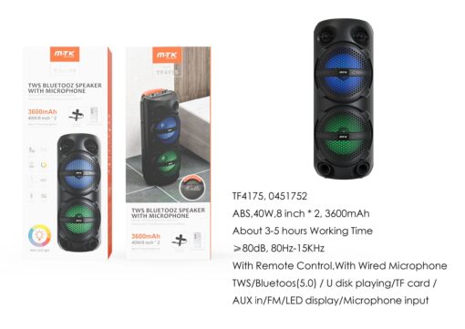 Altavoz Bluetooth TF4175 NE Altavoz  Bluetooth 5.0 Con Panel LED de indicador , Soporta Entrada de Microfono(Incluido Microfono con cable )/USB/TF/FM, Frecuencia 80-15KHz, Bateria 3600mAh/8*2Pulgadas(Total 40w), Negro