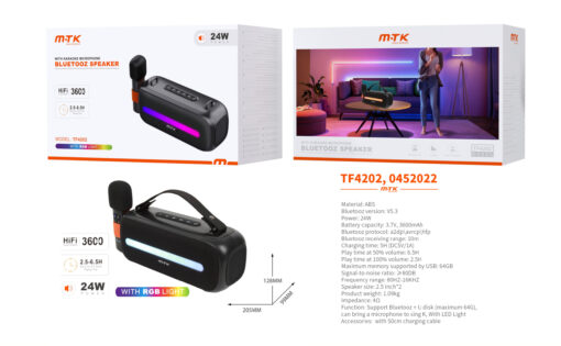 Altavoz Bluetooth TF4202 NE Luxury Altavoz HIFI con Bluetooth 5.3, Luz RGB, 1 Microfono inalambrico, Soporta USB, Bateria 3600mAh/24W, Negro