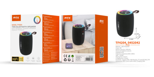 Altavoz Bluetooth TF4204 NEAltavoz HIFI TWS Bluetooth 5.3, Con Luz espectro,Soporta TF/USB/FM/AUX, Bateria 1200mAh/8W, Negro
