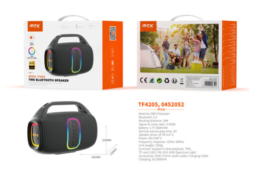 Altavoz Bluetooth TF4205 NE Altavoz HIFI TWS Bluetooth 5.3, Con Luz espectro,Soporta USB/FM/TF/AUX , Bateria 3600mAh/2*15W, Negro