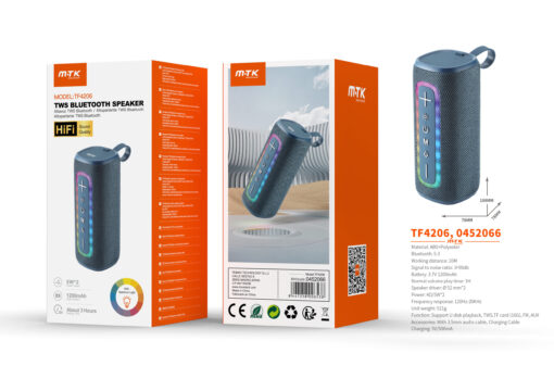 Altavoz Bluetooth TF4206 AZ Altavoz HIFI TWS Bluetooth 5.3, Con Luz espectro,Soporta USB/TF/FM/AUX , Bateria 1200mAh/2*5W, Azul
