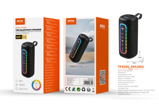 Altavoz Bluetooth TF4206 NE Altavoz HIFI TWS Bluetooth 5.3, Con Luz espectro,Soporta USB/TF/FM/AUX , Bateria 1200mAh/2*5W, Negro