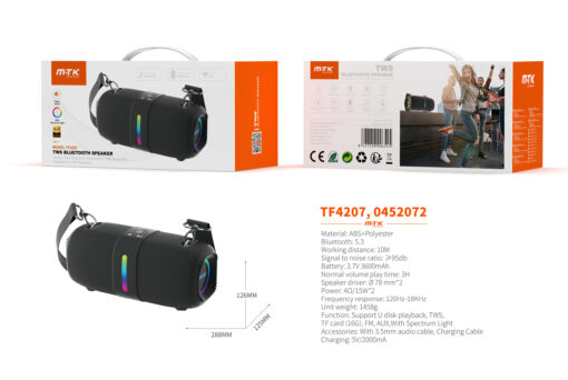 Altavoz Bluetooth TF4207 NE Altavoz HIFI TWS Bluetooth 5.3, Con Luz espectro,Soporta USB/FM/TF/AUX , Bateria 3600mAh/2*15W, Negro