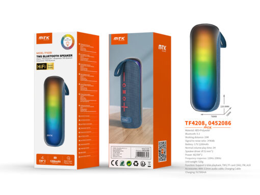 Altavoz Bluetooth TF4208 AZ Altavoz HIFI TWS Bluetooth 5.3, Con Luz espectro,Soporta USB/TF/FM/AUX, Bateria 1200mAh/2*5W, Azul