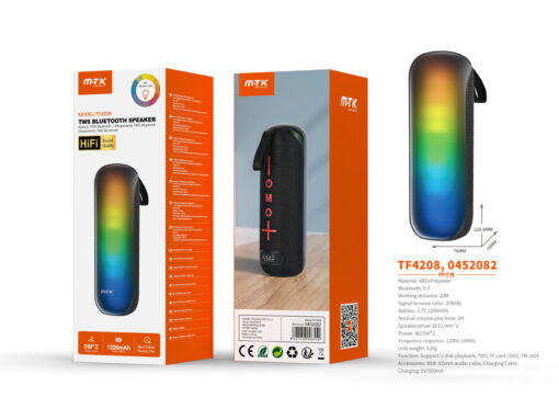 Altavoz Bluetooth TF4208 NE Altavoz HIFI TWS Bluetooth 5.3, Con Luz espectro, Soporta USB/TF/FM/AUX, Bateria 1200mAh/2*5W, Negro