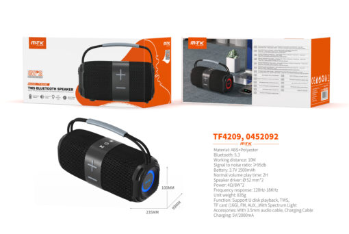 Altavoz Bluetooth TF4209 NE Altavoz HIFI TWS Bluetooth 5.3, Con Luz espectro,Soporta USB/FM/TF/AUX , Bateria 1500mAh/2*8W, Negro