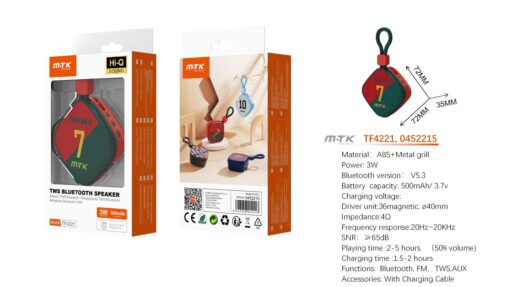 Altavoz Bluetooth TF4221 Mini altavoz de fultbol TWS Blutooth 5.3 con correa con funcion radio/aux 3.5mm, Bateria 500mAh, Rojo+Verde