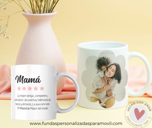 Taza Personalizada con Foto Diseño Mamá-  Reseña 5 Estrellas Rosa - Imagen 2