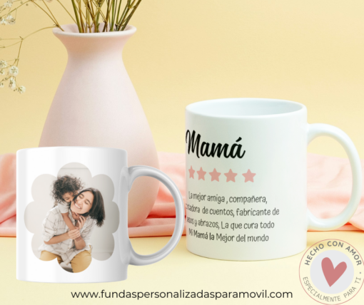 Taza Personalizada con Foto Diseño Mamá-  Reseña 5 Estrellas Rosa