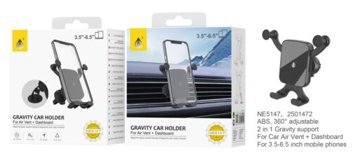 Soporte Movil Coche Soporte de coche para Rejilla de Ventilacion NE5147 NE Soporte para moviles de 3,5-6,5 pulgadas, 2 en 1 para Rejilla de Aire y tablero, Giro de 360 grados, Negro