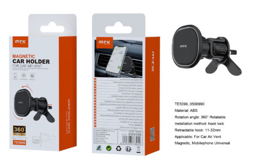 Soporte Movil Coche Soporte de coche para Rejilla de Ventilacion   Magnetico TE5099 NE Soporte Magnetico con gancho de bloqueo hasta 32mm para rejillas,  360 Rotacion, Negro