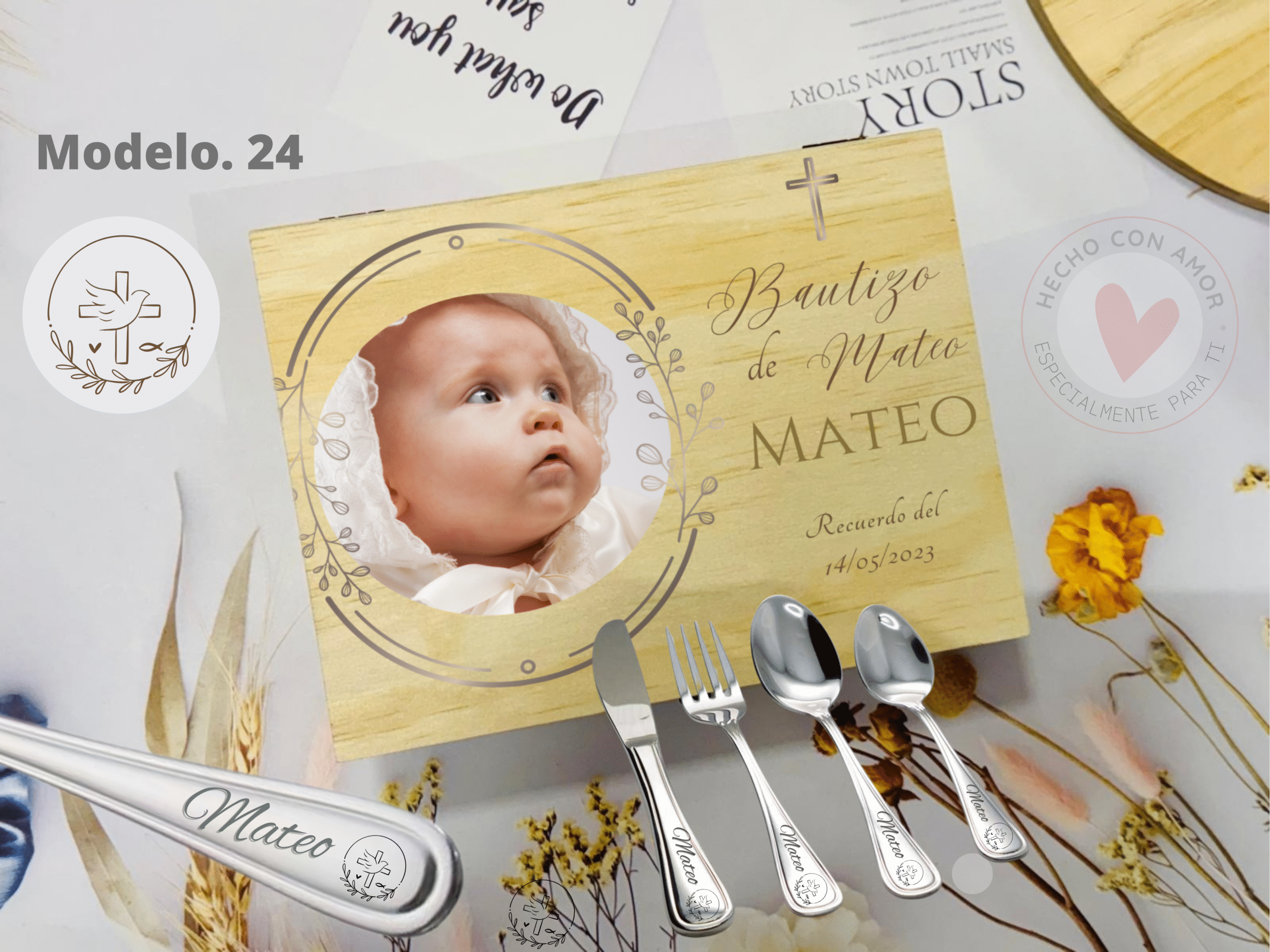 Caja Madera de Cubiertos Personalizada Bautizo con Bolsa de Tela Rafia - Imagen 9