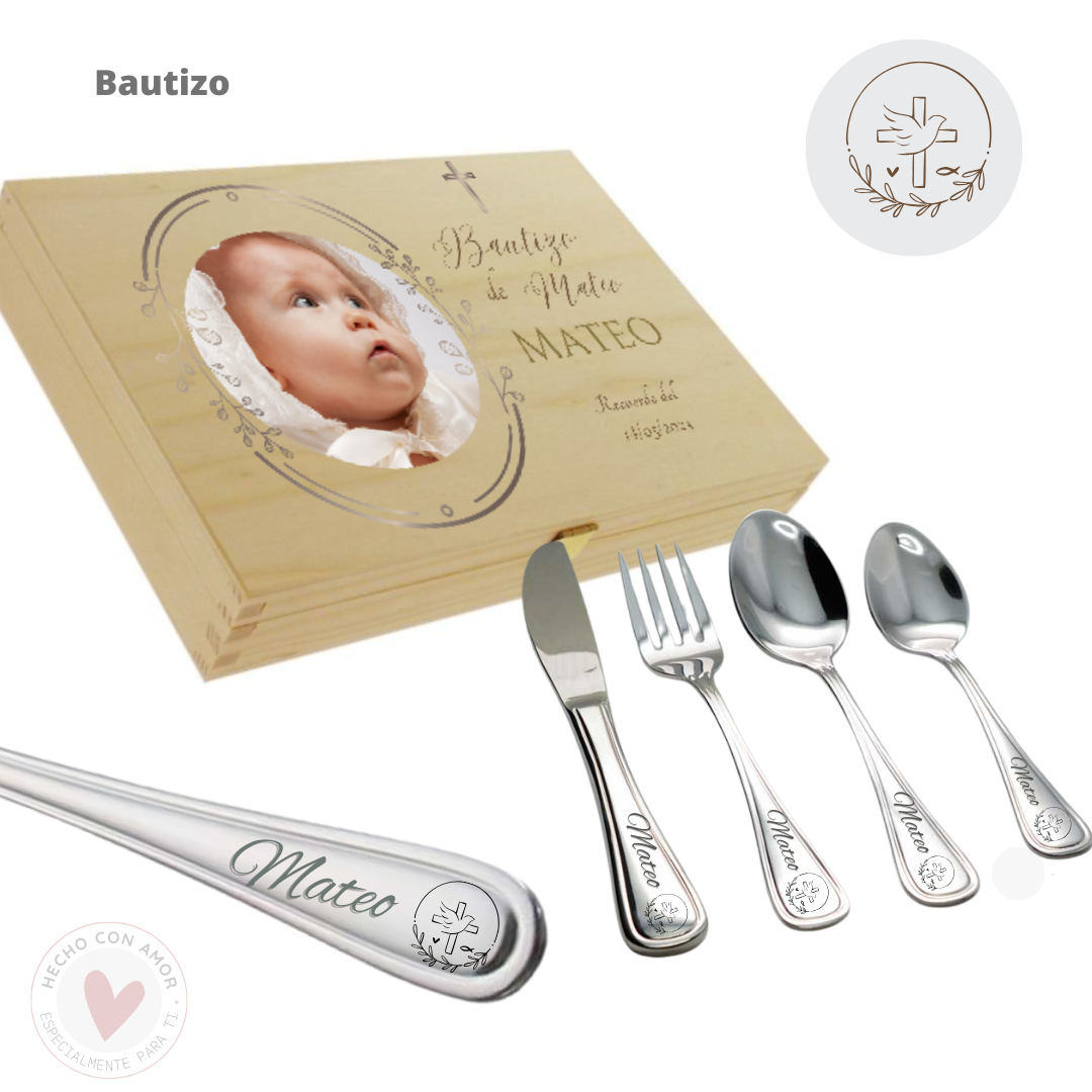 Caja Madera de Cubiertos Personalizada Bautizo con Bolsa de Tela Rafia - Imagen 7