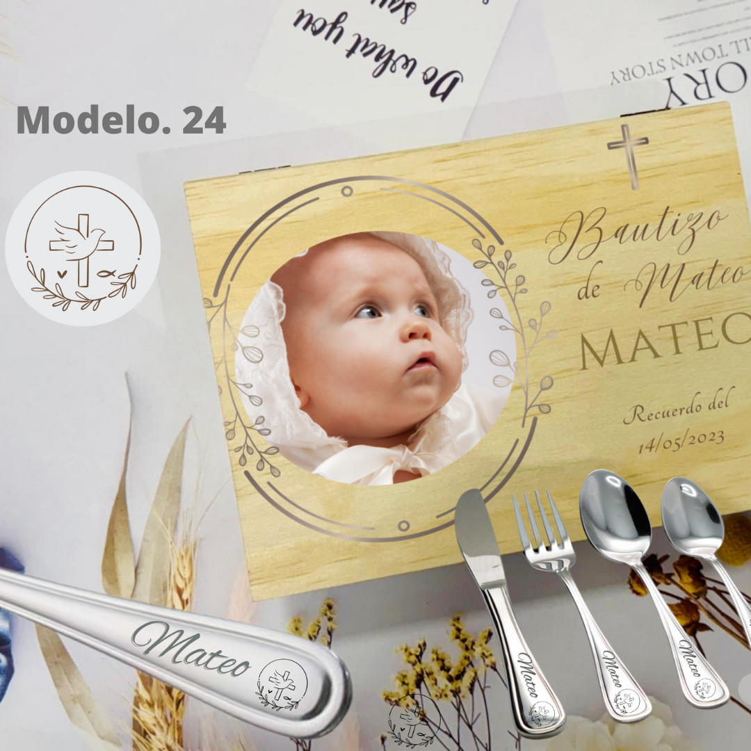 Caja Madera de Cubiertos Personalizada Bautizo con Bolsa de Tela Rafia