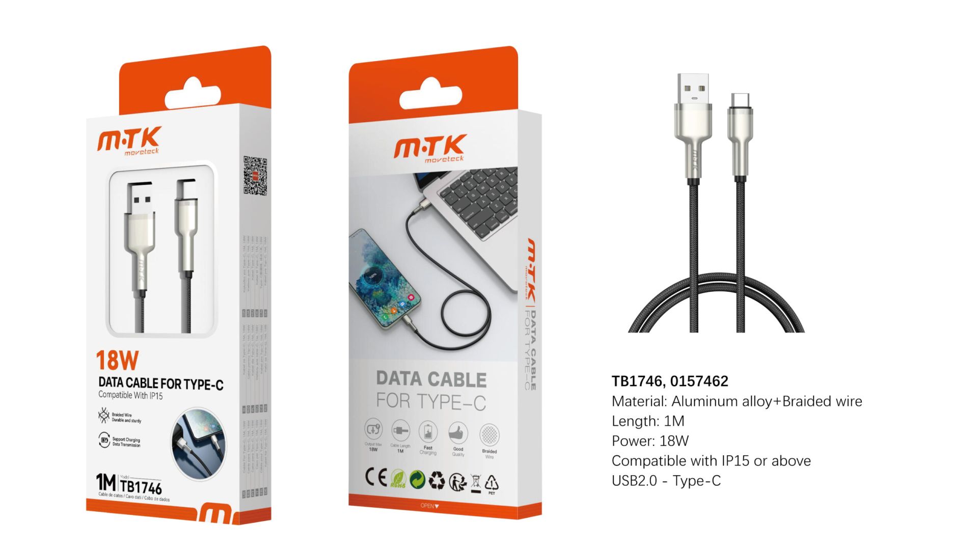 Cable Iphone Cable de Datos Tipe C a Type C TB1746 Luxury Cable de datos Trelan trenzado para Type-C, Compatible con Iphone, 18W, 1M, Negro+Oro