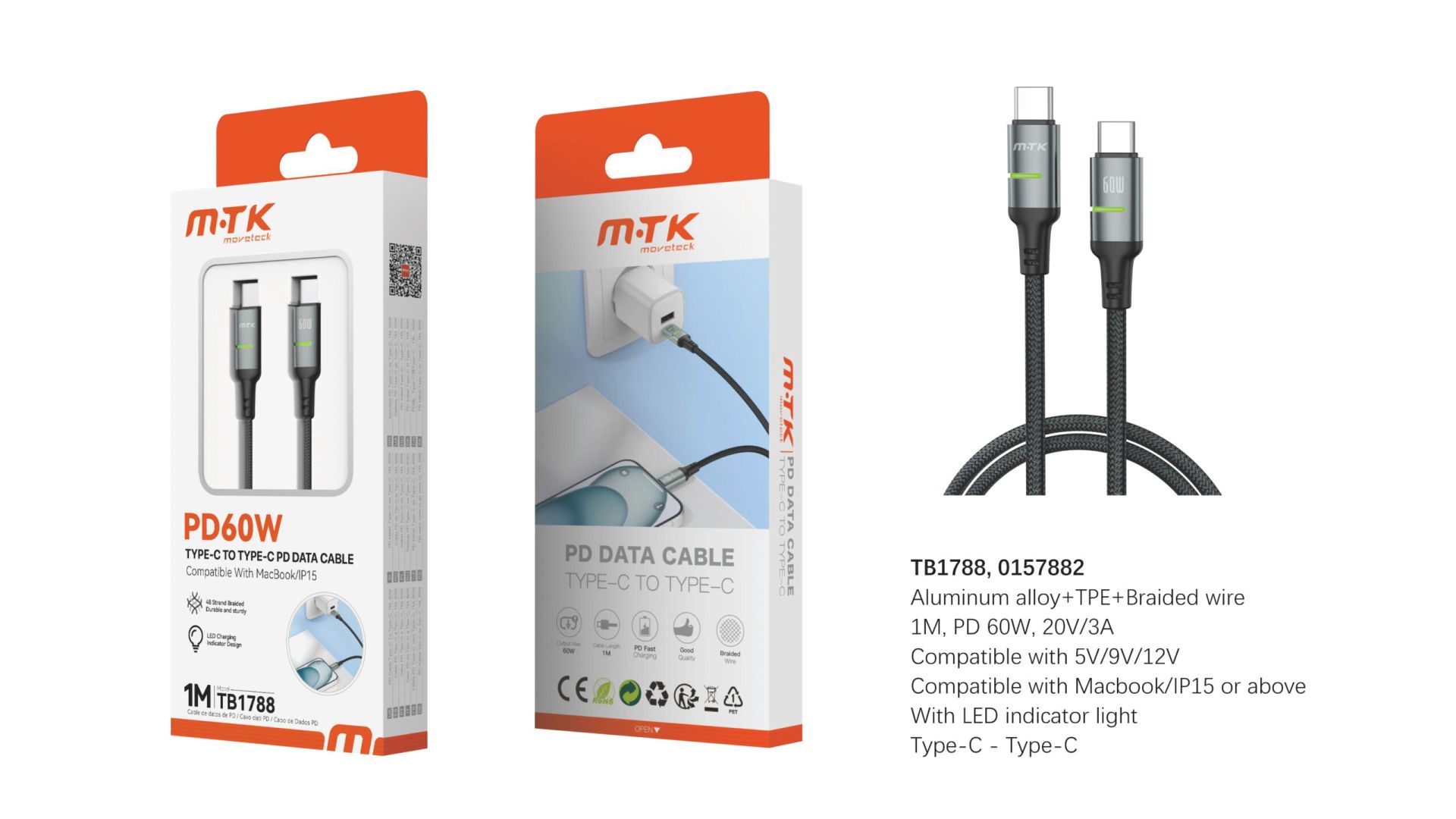 Cable Iphone Cable de Datos Tipe C a Type C TB1788 Luxury Cable de datos Quantil trenzado para Type-C a Type-C con indicador Led , Compatible con Apple Type-C, 60W/20V/3A, 1M, Negro+Gris