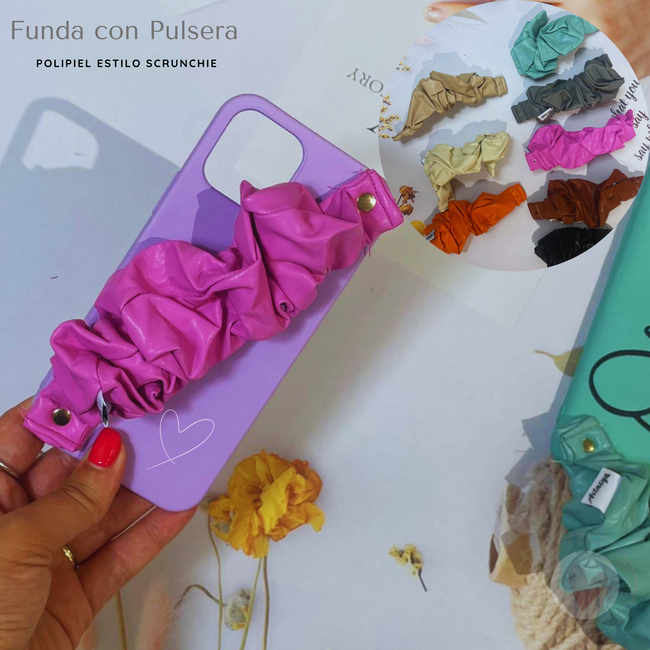 Funda Personalizada y Pulsera Correa incorporada estilo Pulsera de Tela para Móvil Polipiel / Cuero estilo Scrunchie - Personaliza y Combina a tu gusto - Imagen 5