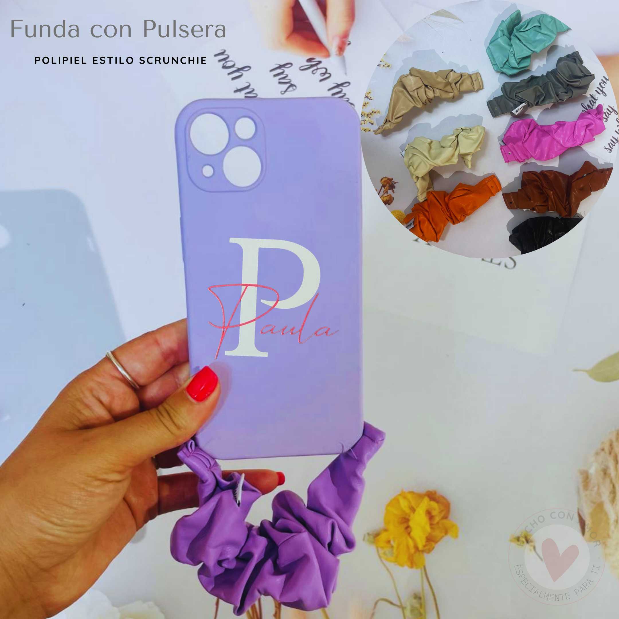 Funda Personalizada y Pulsera Correa incorporada estilo Pulsera de Tela para Móvil Polipiel / Cuero estilo Scrunchie - Personaliza y Combina a tu gusto