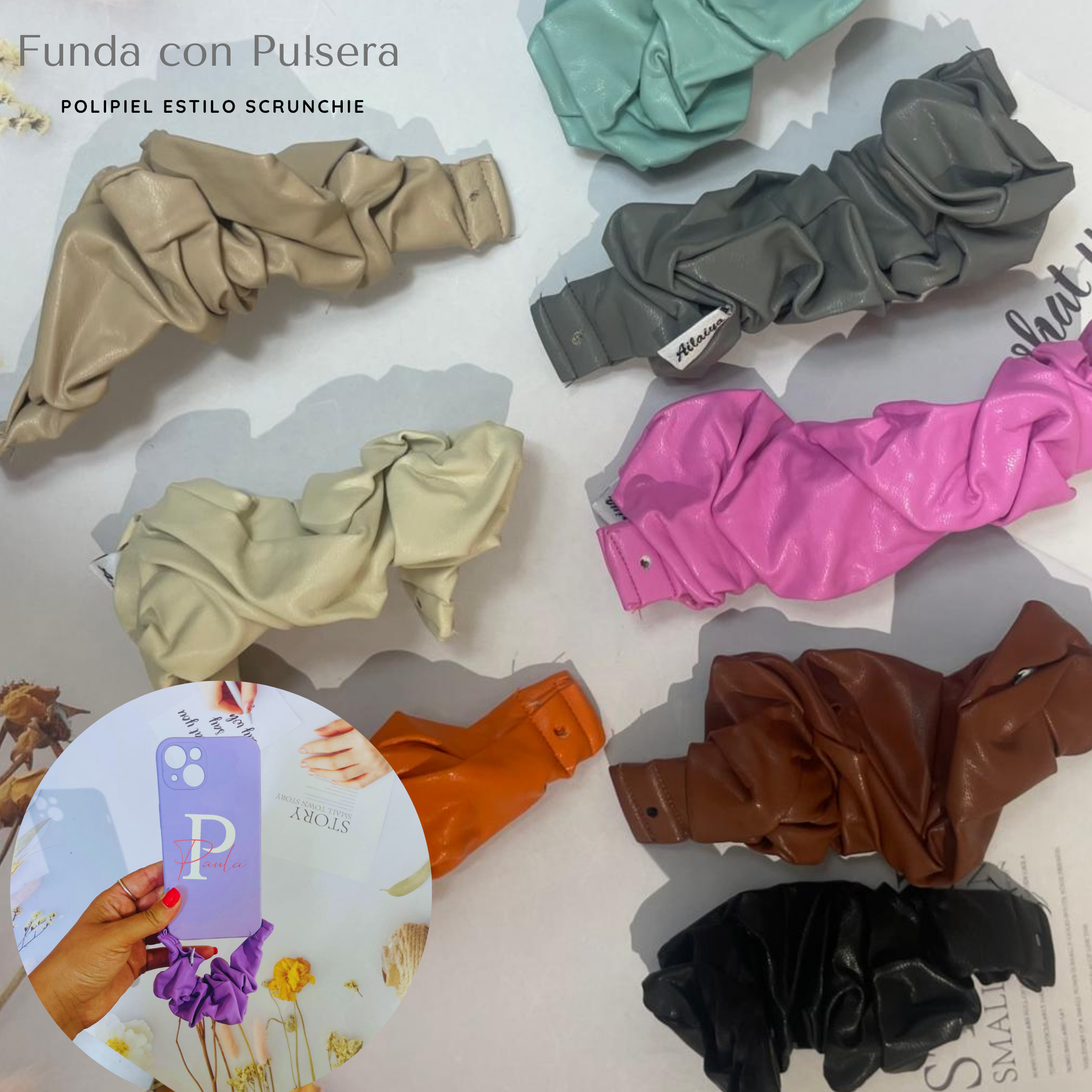 Funda Personalizada y Pulsera Correa incorporada estilo Pulsera de Tela para Móvil Polipiel / Cuero estilo Scrunchie - Personaliza y Combina a tu gusto - Imagen 2