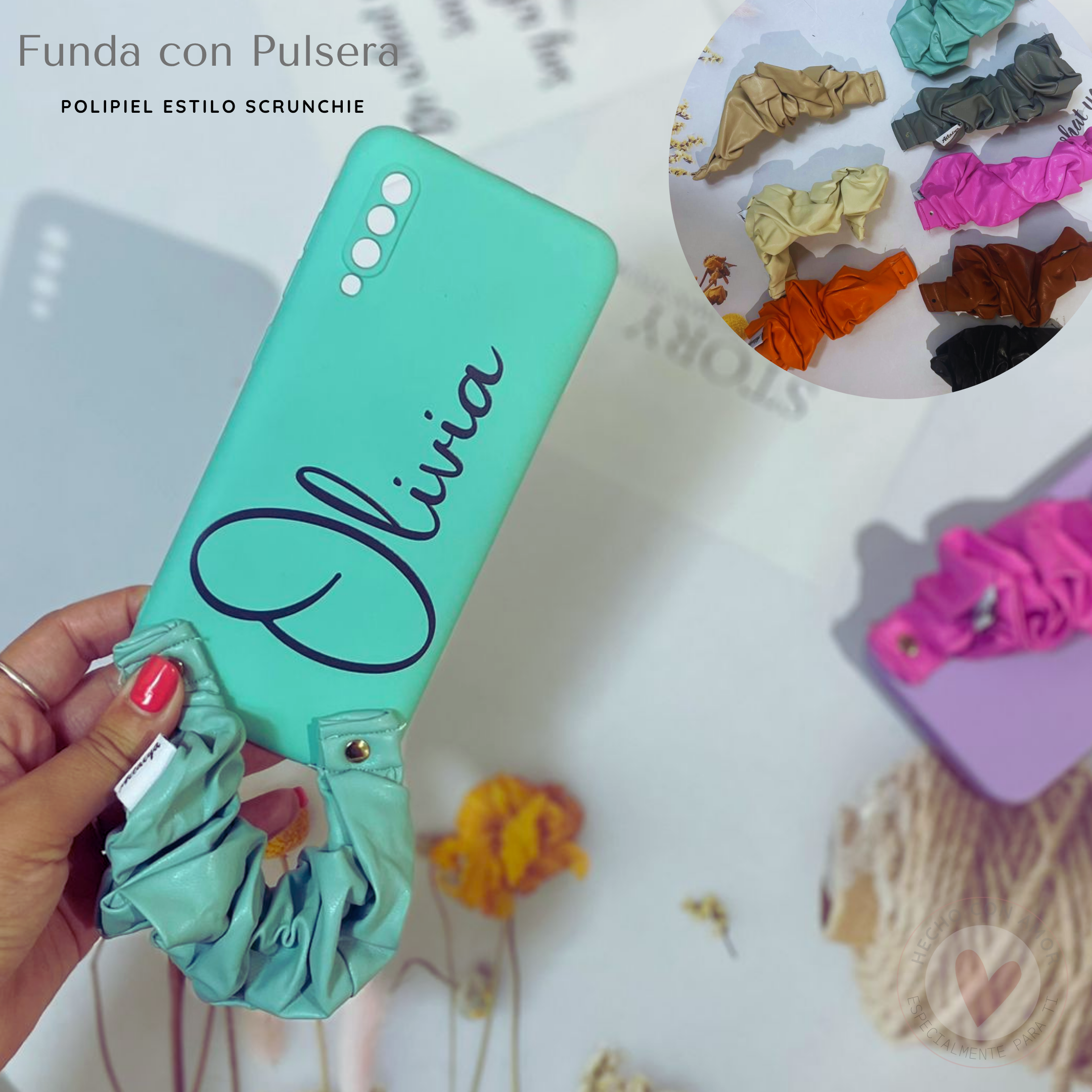 Funda Personalizada y Pulsera Correa incorporada estilo Pulsera de Tela para Móvil Polipiel / Cuero estilo Scrunchie - Personaliza y Combina a tu gusto - Imagen 4