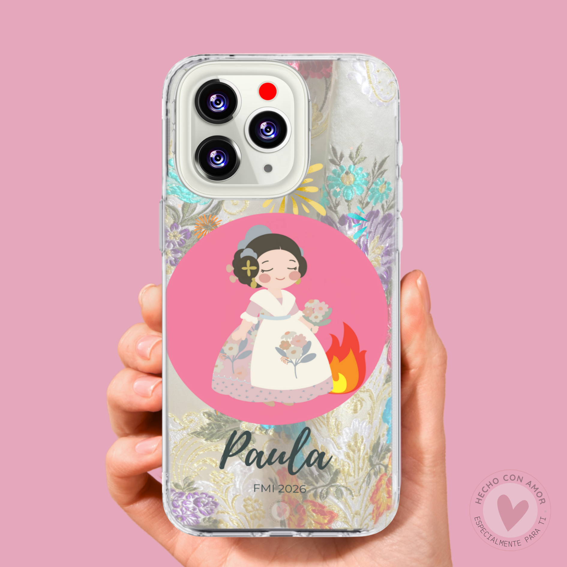 Funda de Fallera Personalizada Dibujo Fallera y Nombre Flores