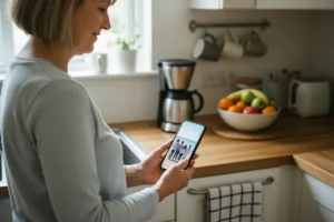 Madre usando móvil con fundas personalizadas para el Día de la Madre en su cocina