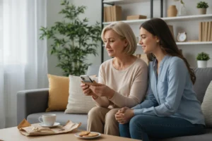 Madre recibiendo fundas personalizadas para el Día de la Madre de su hija en salón